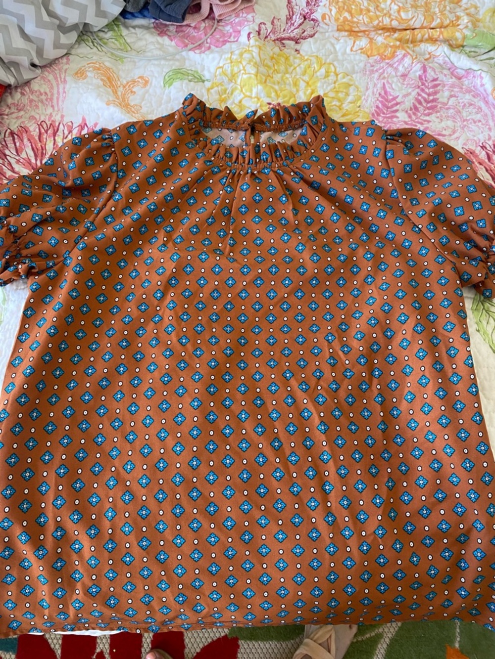 SHEIN Orange Blouse with Blue Diamond Print